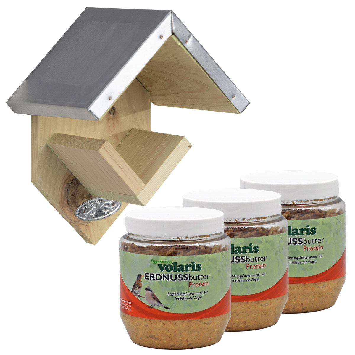 volaris - Erdnussbutter mit Insekten 3 x 350g + Esschert Design Erdnussbutterhaus